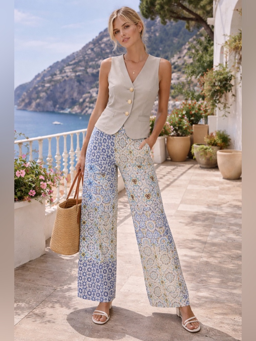 Zara Printed Wide Leg Trousers ✨ Blue Tile Patchwork Amalfi Coast Euro Summer